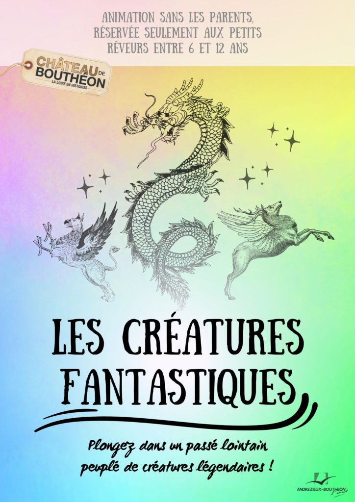 Affiche avec un cerf ailé, un griffon et un dragon
