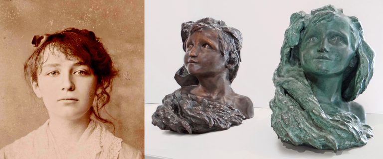 Montage photographique Portrait de Camille Claudel (César, domaine public) et sculptures L'Aurore (Jean-Pierre Dalbéra, cc-by-sa 2.0).