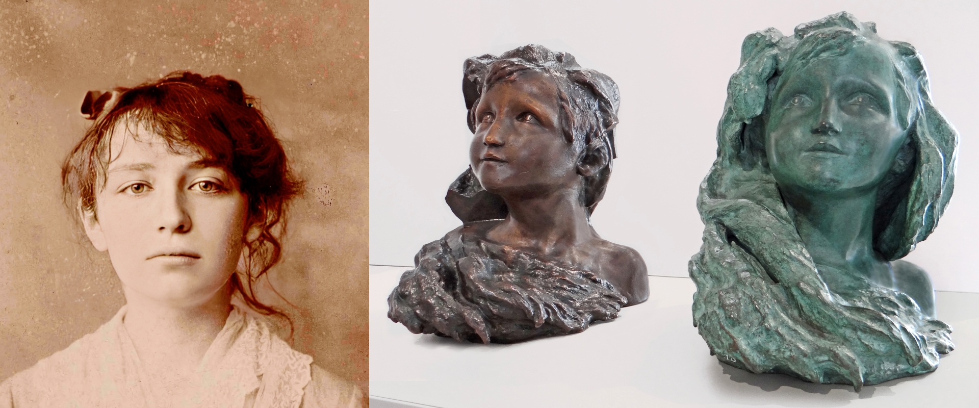 Montage photographique Portrait de Camille Claudel (César, domaine public) et sculptures L'Aurore (Jean-Pierre Dalbéra, cc-by-sa 2.0).