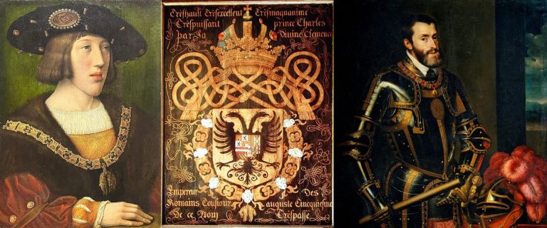 montage photographique Portrait de Charles Quint adolescent par Bernard van Orley (domaine public), Armes de Charles V (domaine public), Portrait de l'Empereur Charles avec un bâton par Juan Pantoja de la Cruz d'après Titien (domaine public) 